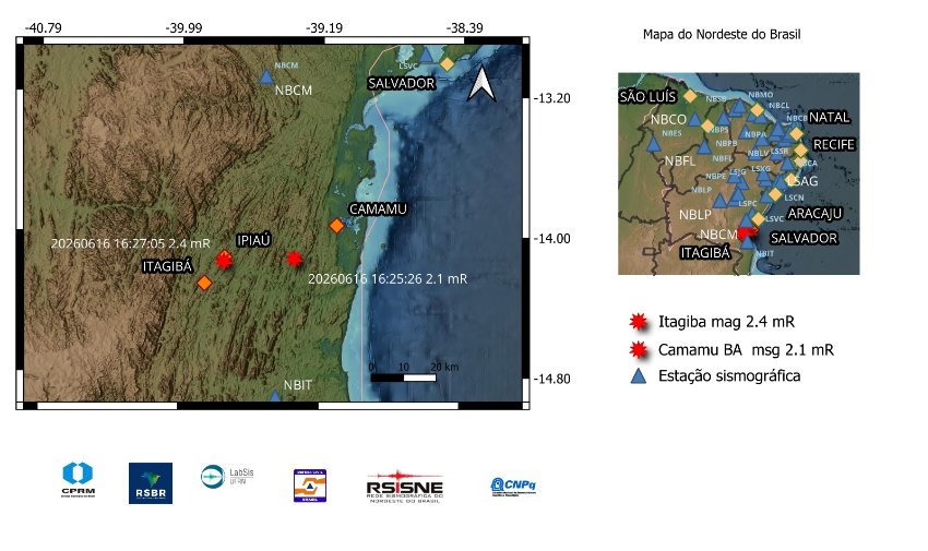 As estrelas em vermelho indicam a localização epicentral e as magnitudes preliminares dos eventos registrados.