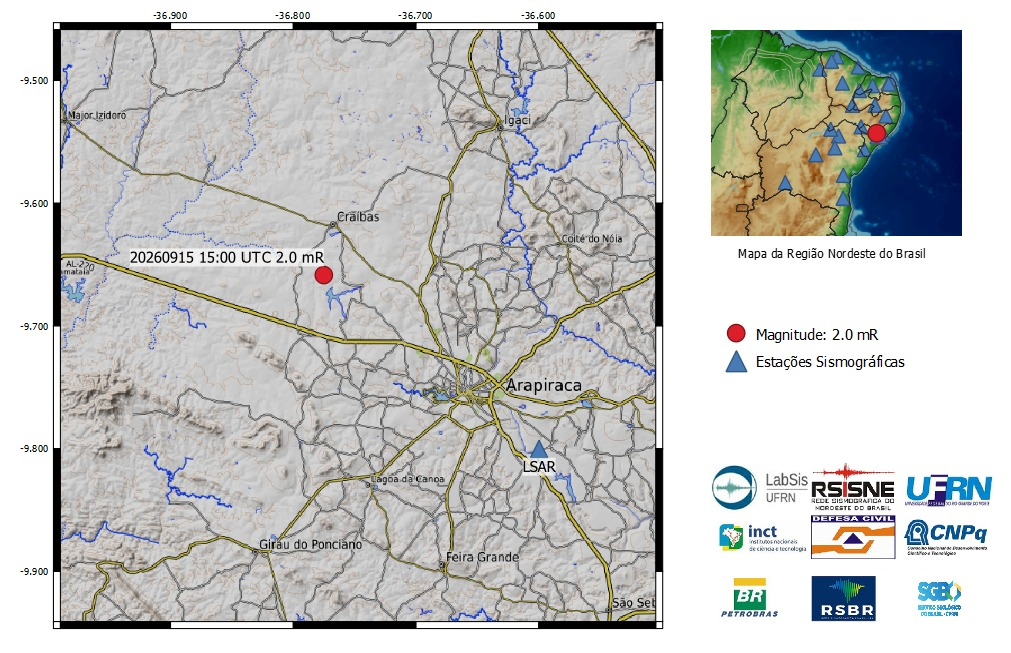 A bola vermelha no mapa indica a localização do epicentro e a magnitude preliminar do evento.