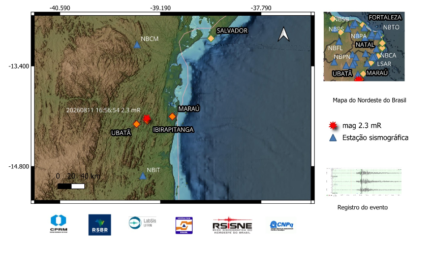 A estrela vermelha no mapa indica a localização do epicentro e a magnitude preliminar do evento.
