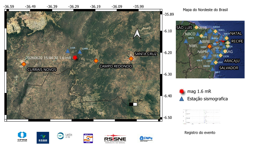 A estrela em vermelho indica a localização epicentral e a magnitude preliminar do evento registrado.
