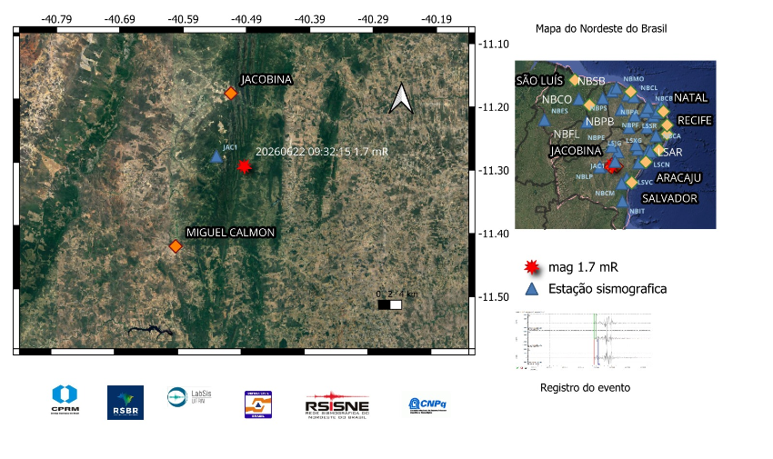 A estrela em vermelho indica a localização epicentral e a magnitude preliminar do evento registrado.