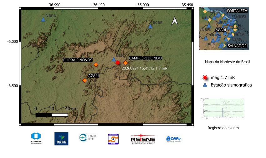 A estrela vermelha indica a localização do epicentro e a magnitude preliminar do evento.