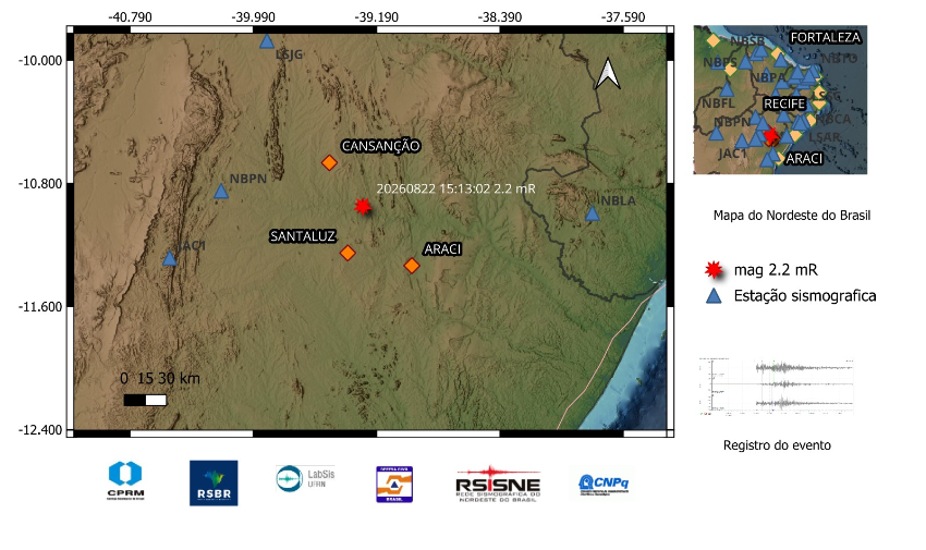 A estrela vermelha indica a localização do epicentro e a magnitude preliminar do evento.