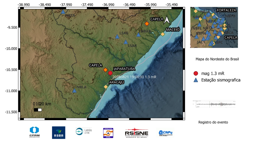 A bola vermelha indica a localização do epicentro e a magnitude preliminar do evento.