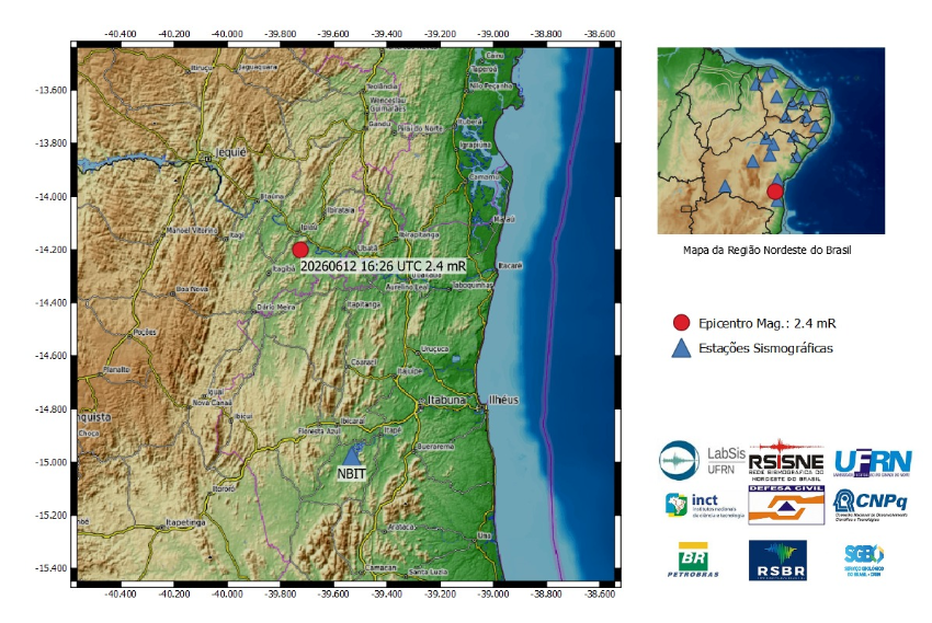 A bola em vermelho indica a localização epicentral e a magnitude preliminar do evento.