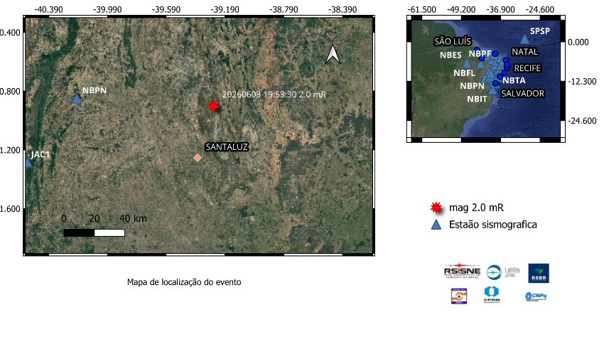 A estrela em vermelho indica a localização do epicentro e a magnitude preliminar do evento.