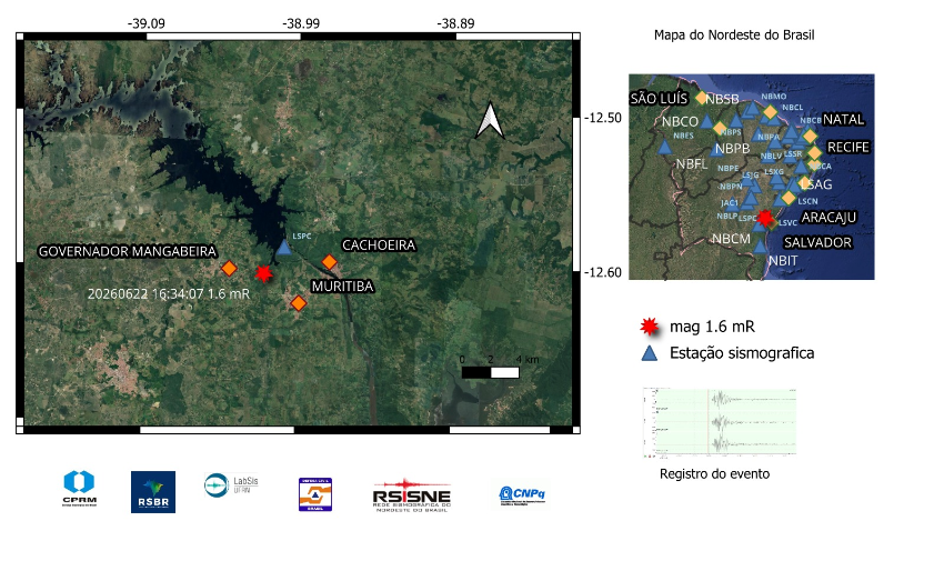 A estrela em vermelho indica a localização epicentral e a magnitude preliminar do evento registrado.