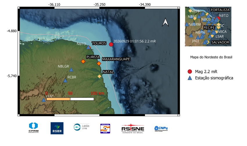 A bola vermelha indica a localização do epicentro e a magnitude preliminar do evento.

