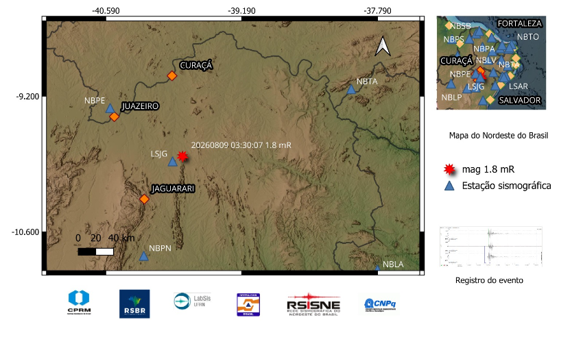 A estrela vermelha no mapa indica a localização do epicentro e a magnitude preliminar do evento.