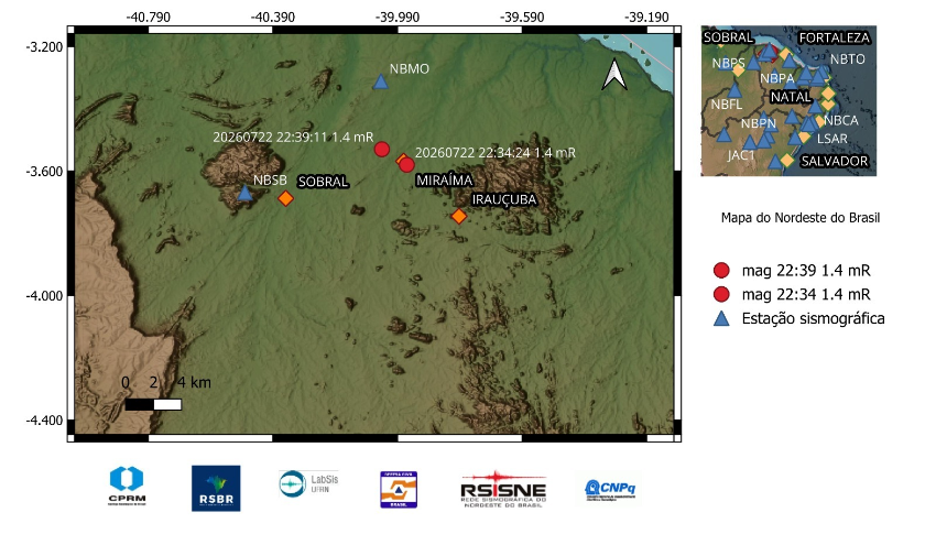 As bolas em vermelho indicam a localização epicentral e a magnitude preliminar dos eventos registrados. 