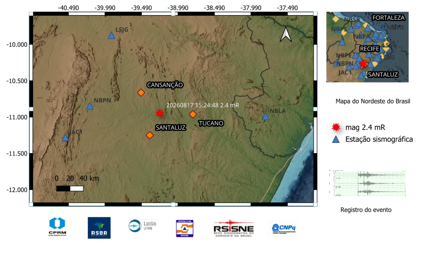 A estrela vermelha no mapa indica a localização do epicentro e a magnitude preliminar do evento.