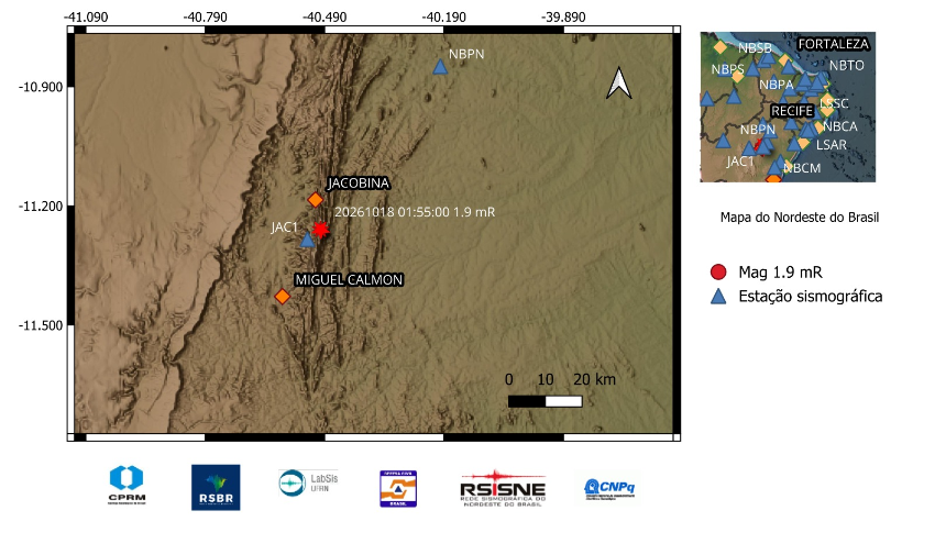 A estrela vermelha indica a localização do epicentro e a magnitude preliminar do evento.
