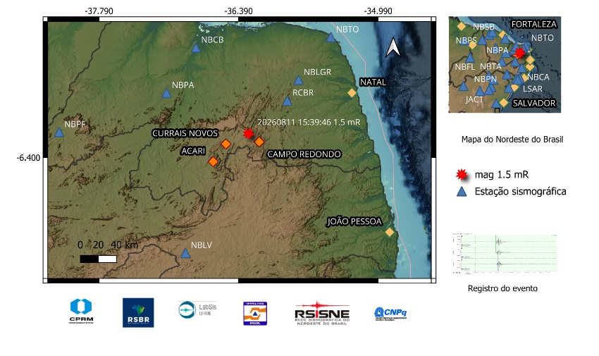 A estrela vermelha no mapa indica a localização do epicentro e a magnitude preliminar do evento.