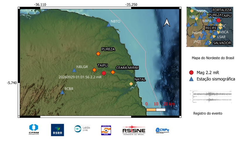 A bola vermelha indica a localização do epicentro e a magnitude preliminar do evento.
