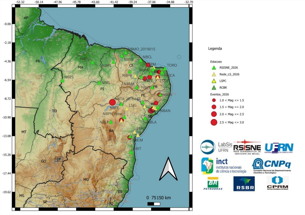 Mapa com a localização dos eventos presentes no boletim sísmico do LabSis, referente ao mês de maio de 2026.