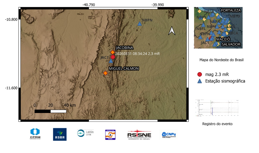 A bola vermelha indica a localização do epicentro e a magnitude preliminar do evento.