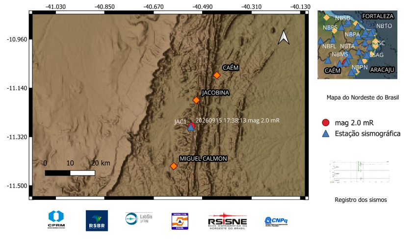 A bola vermelha indica a localização do epicentro e a magnitude preliminar do evento.
