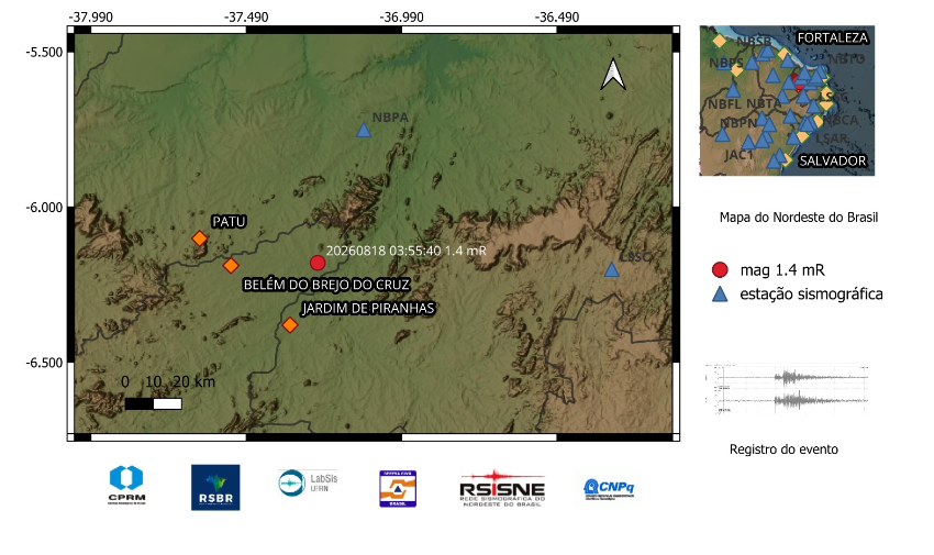 A bola vermelha no mapa indica a localização do epicentro e a magnitude preliminar do evento.