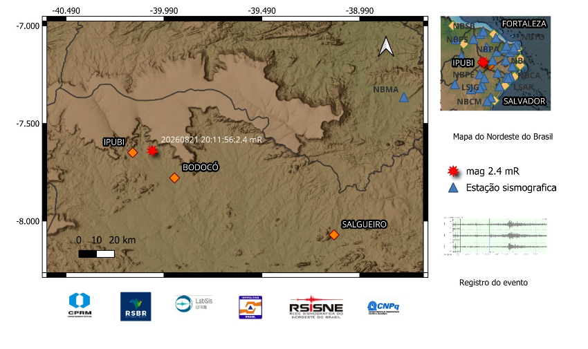 A estrela vermelha indica a localização do epicentro e a magnitude preliminar do evento.