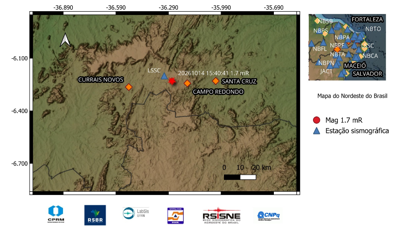 A estrela vermelha indica a localização do epicentro e a magnitude preliminar do evento.

