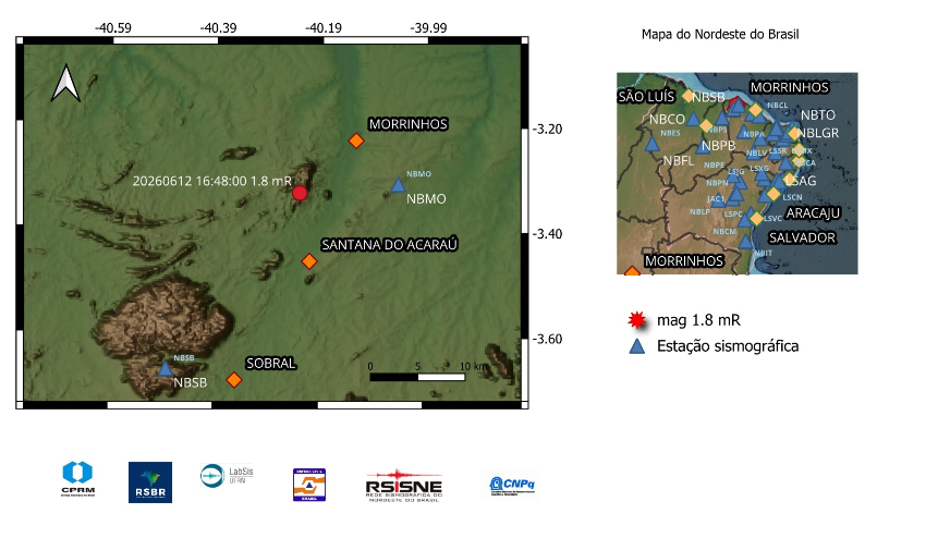 A bola em vermelho indica a localização epicentral e a magnitude preliminar do evento registrado.
