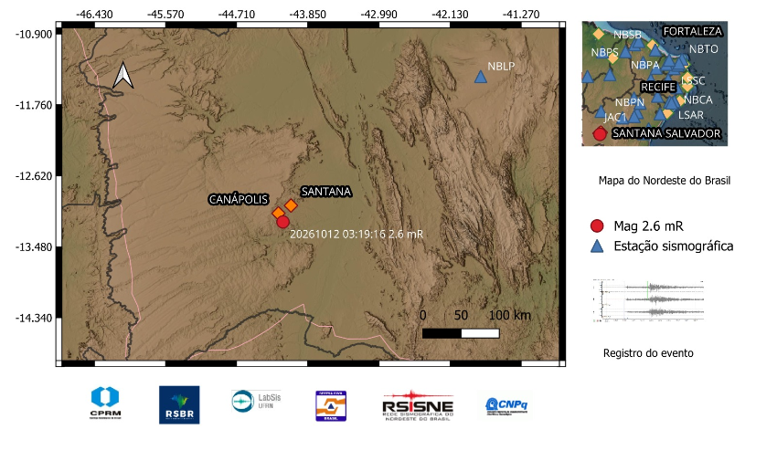 A bola vermelha indica a localização do epicentro e a magnitude preliminar do evento.
