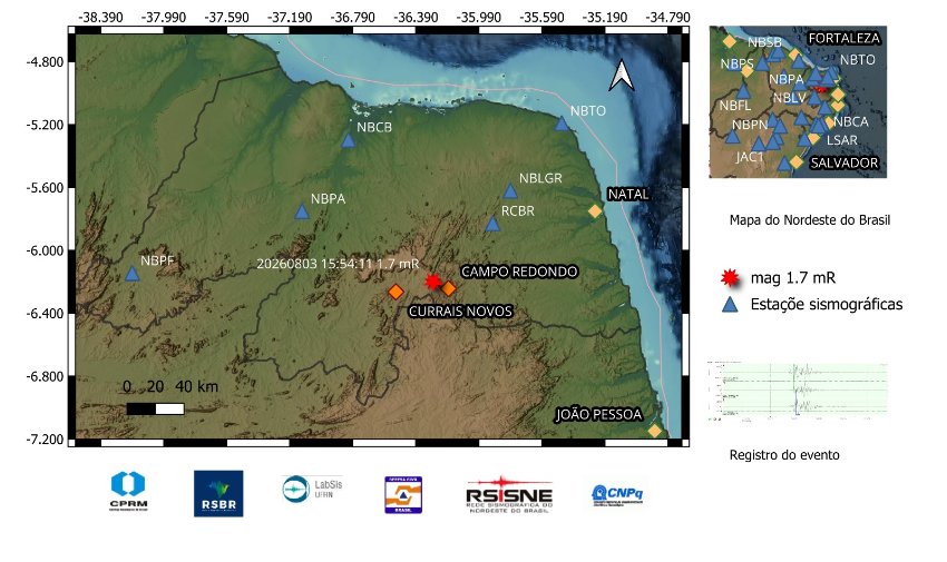 A estrela em vermelho indica a localização do epicentro e a magnitude preliminar do evento registrado.