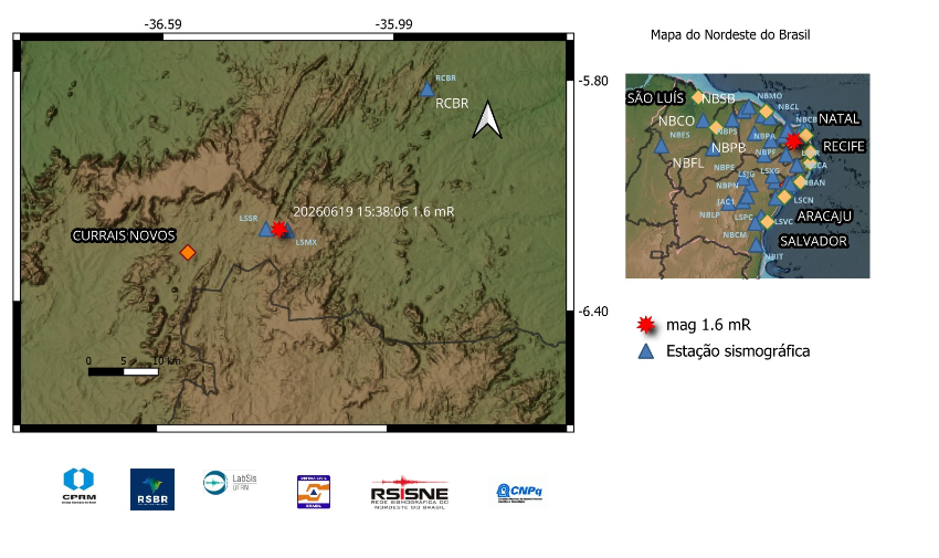 A estrela em vermelho indica a localização epicentral e a magnitude preliminar do evento registrado.