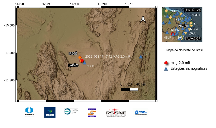 A estrela vermelha indica a localização do epicentro e a magnitude preliminar do evento.