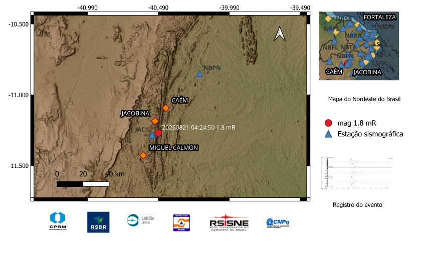 A bola vermelha indica a localização do epicentro e a magnitude preliminar do evento.