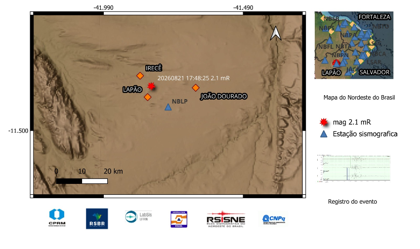 A estrela vermelha indica a localização do epicentro e a magnitude preliminar do evento.