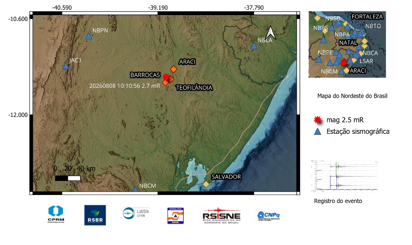 A estrela vermelha no mapa indica a localização do epicentro e a magnitude preliminar do evento.