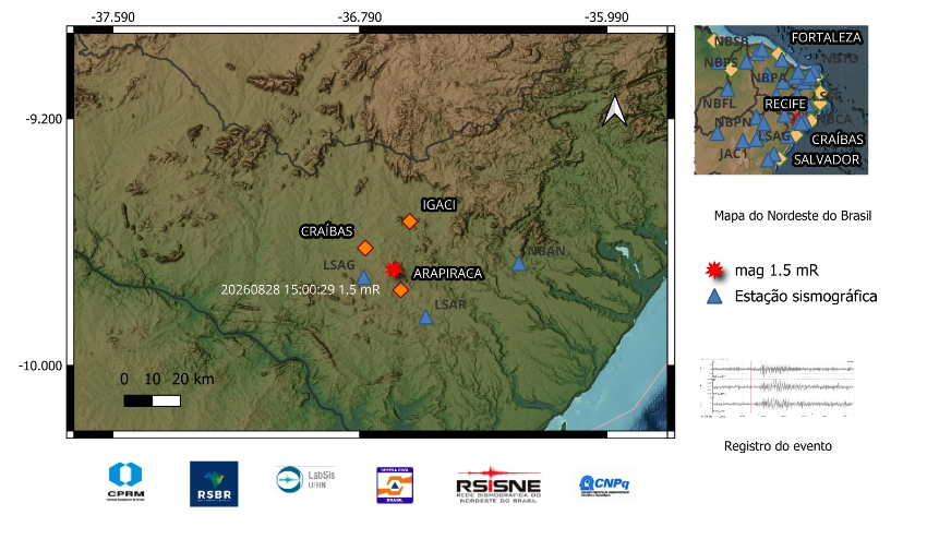 A estrela vermelha indica a localização do epicentro e a magnitude preliminar do evento.