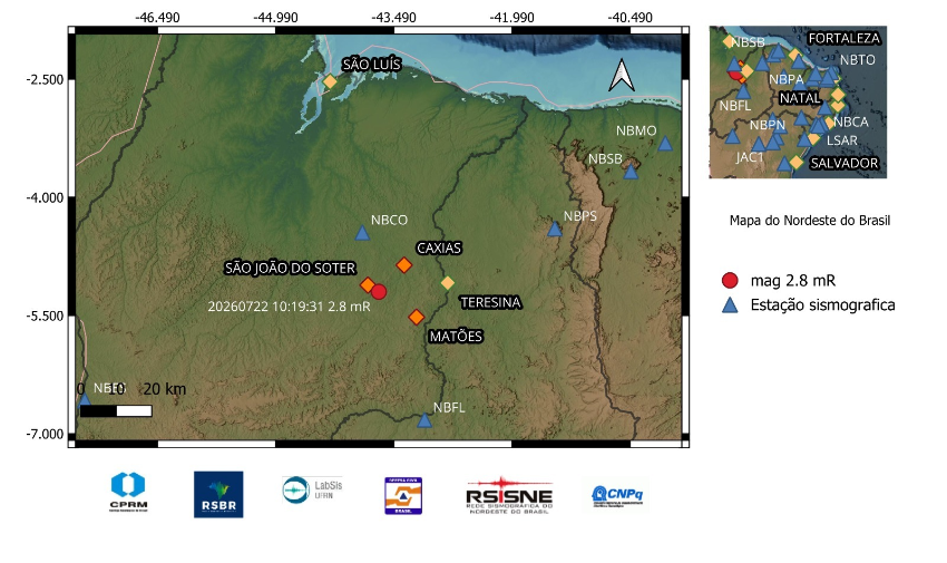 A bola em vermelho indica a localização epicentral e a magnitude preliminar do evento registrado.