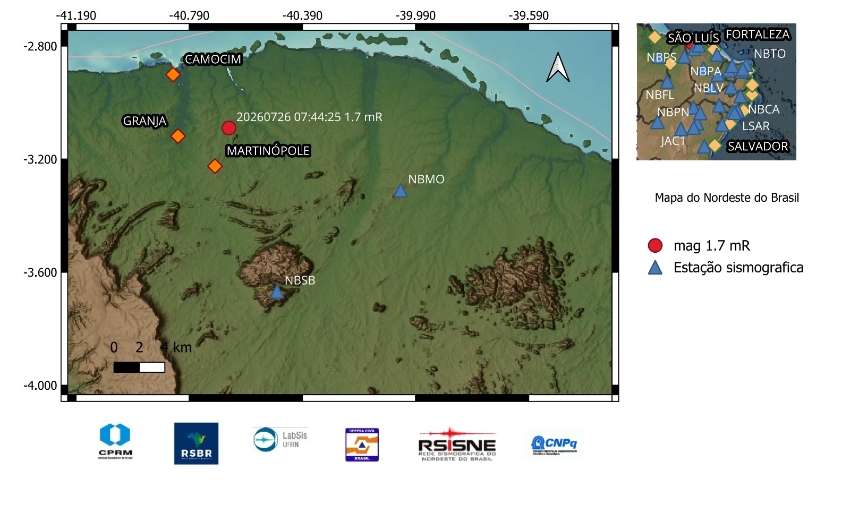 A bola em vermelho indica a localização do epicentro e a magnitude preliminar do evento registrado.