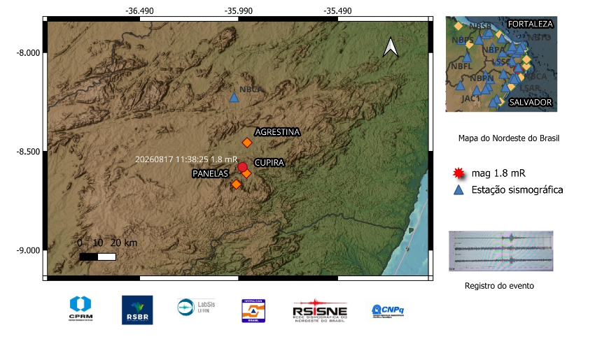 A bola vermelha no mapa indica a localização do epicentro e a magnitude preliminar do evento.