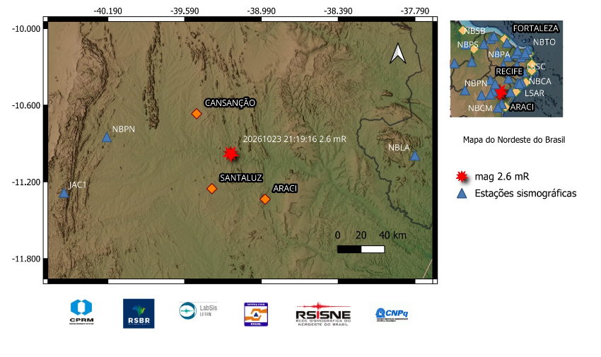 A estrela vermelha indica a localização do epicentro e a magnitude preliminar do evento.
