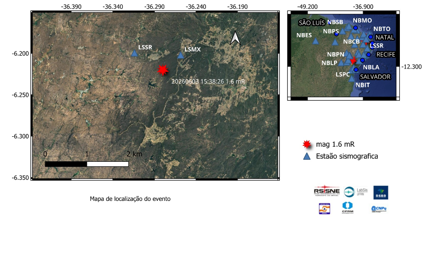 A estrela em vermelho indica a localização do epicentro e a magnitude preliminar do evento registrado.