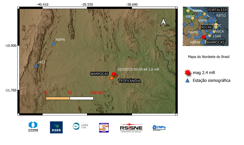 A estrela vermelha indica a localização do epicentro e a magnitude preliminar do evento.
