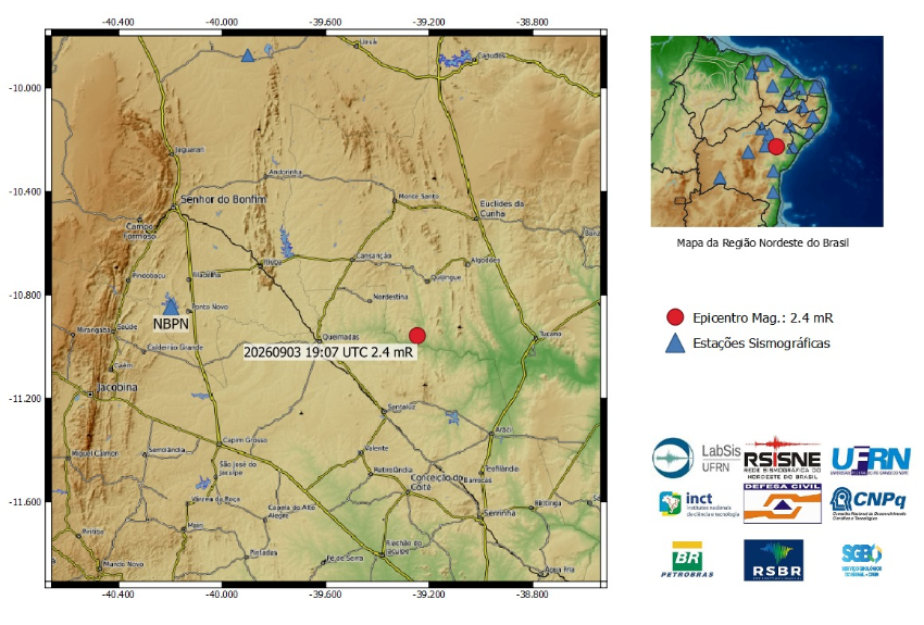 A bola vermelha no mapa indica a localização do epicentro e a magnitude preliminar do evento.