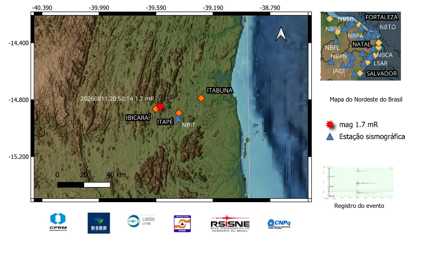 A estrela vermelha no mapa indica a localização do epicentro e a magnitude preliminar do evento.