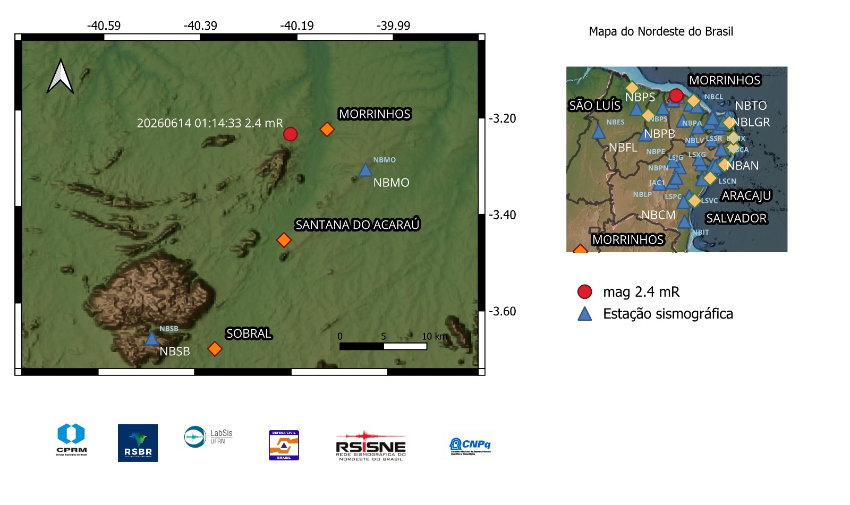 A bola em vermelho indica a localização epicentral e a magnitude preliminar do evento registrado.