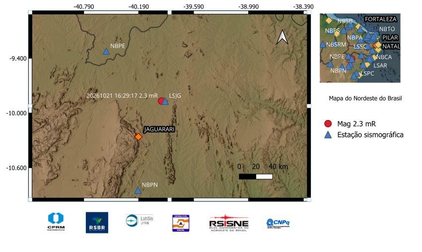 A bola vermelha indica a localização do epicentro e a magnitude preliminar do evento.
