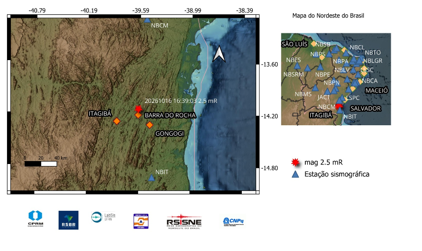 A estrela vermelha indica a localização do epicentro e a magnitude preliminar do evento.
