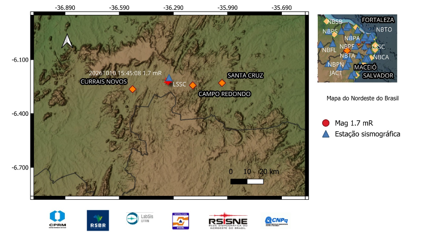 A estrela vermelha indica a localização do epicentro e a magnitude preliminar do evento.

