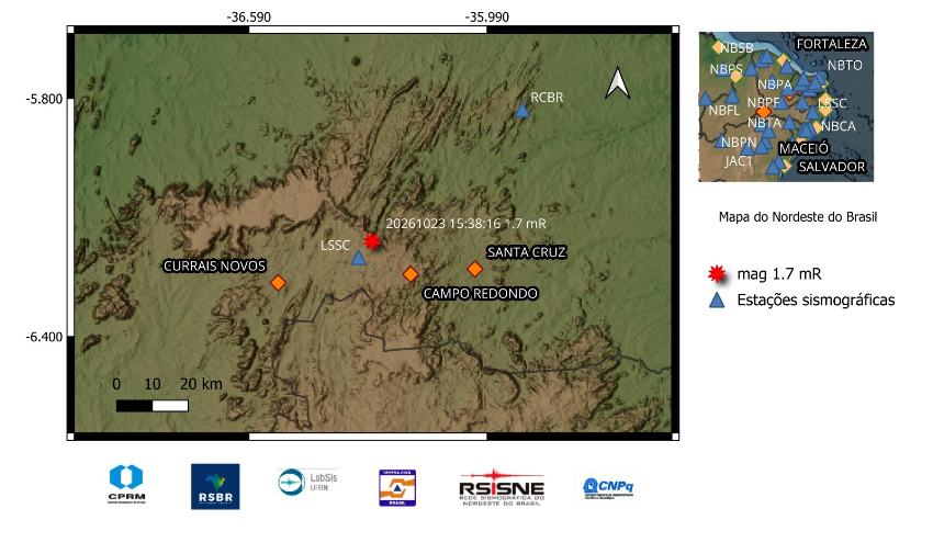 A estrela vermelha indica a localização do epicentro e a magnitude preliminar do evento.
