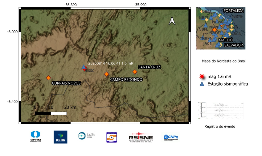 A estrela vermelha no mapa indica a localização do epicentro e a magnitude preliminar do evento.
