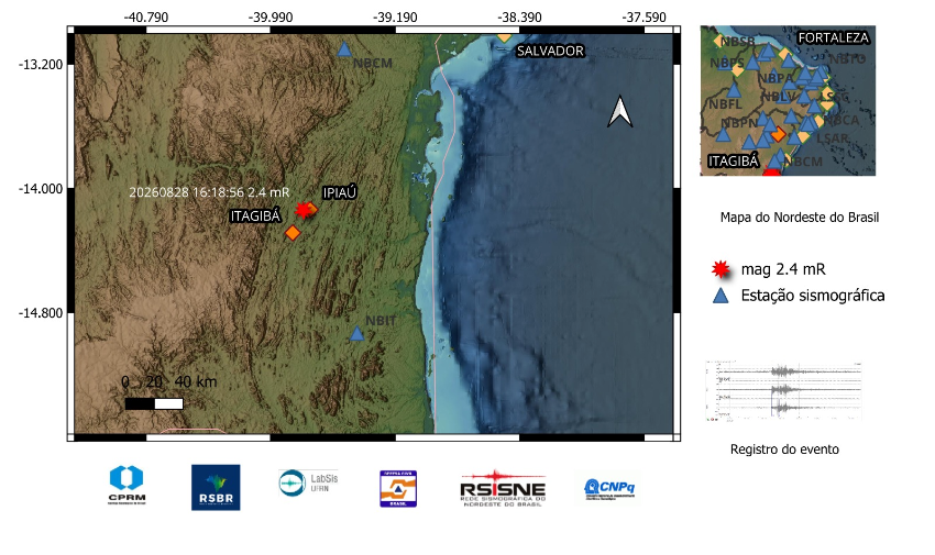 A estrela vermelha no mapa indica a localização do epicentro e a magnitude preliminar do evento.