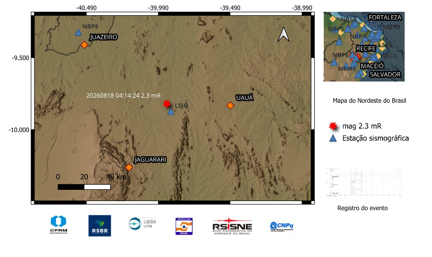 A estrela vermelha indica a localização do epicentro e a magnitude preliminar do evento.