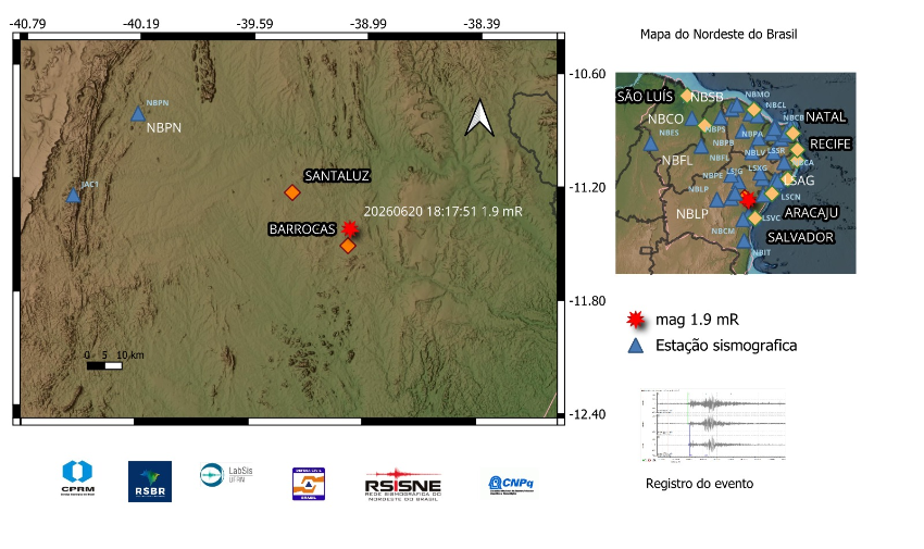 A estrela em vermelho indica a localização epicentral e a magnitude preliminar do evento registrado.